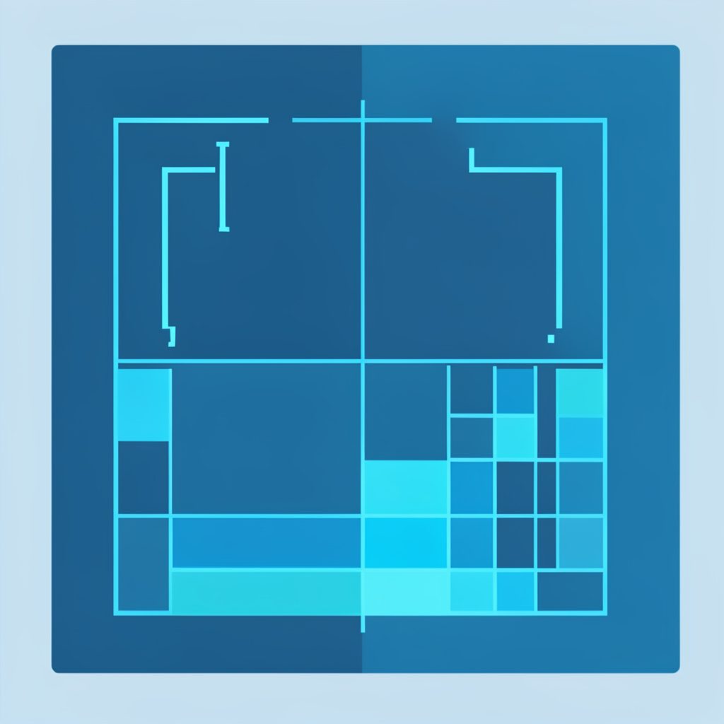 Flat vector tile in cool slate and cyan tones, featuring abstract code brackets and layout grids, representing web design