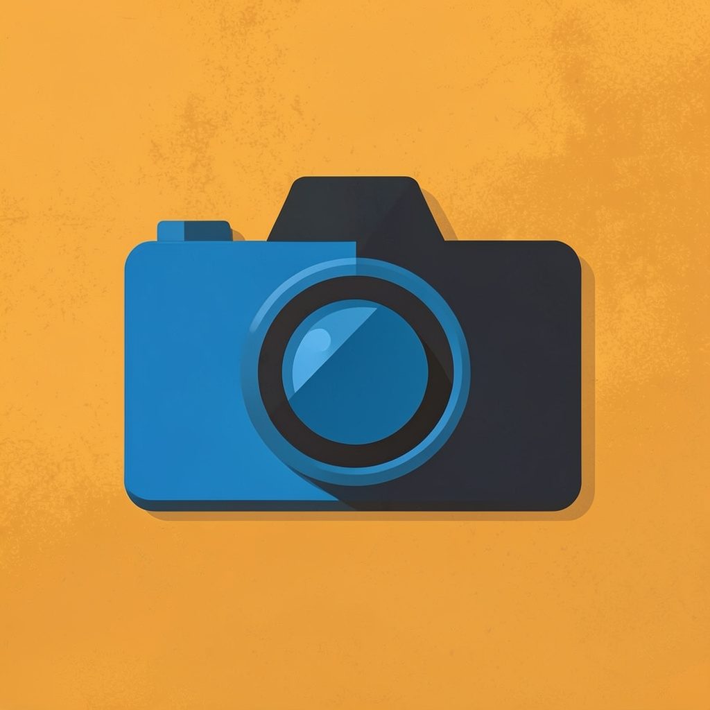 Flat vector tile with a warm amber and charcoal palette, showing a camera lens silhouette against a textured backdrop, representing photography