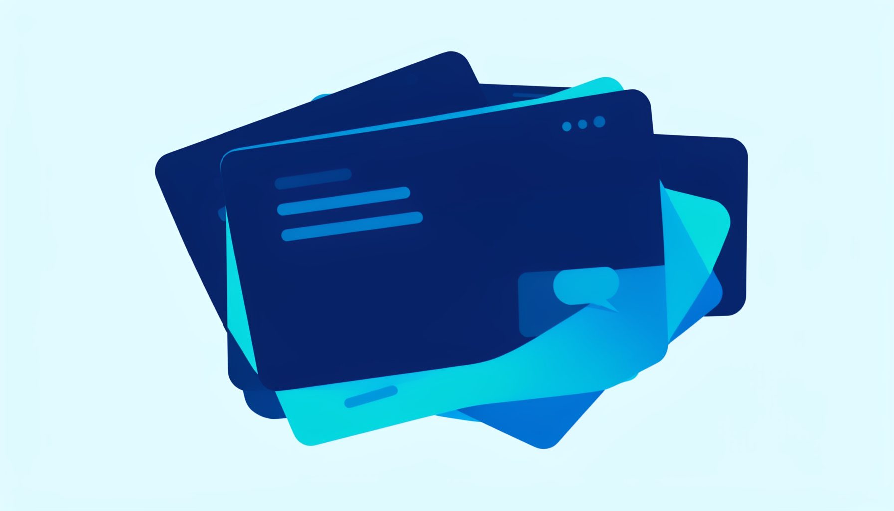 Flat vector illustration of overlapping forum discussion cards in deep navy and cyan tones, with subtle chat bubble icons and a clean organized layout
