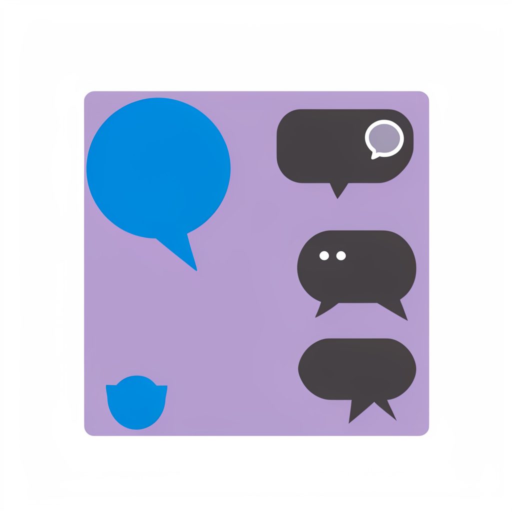 Flat vector tile in muted violet and charcoal, with speech bubble shapes and casual chat icons, representing general discussion