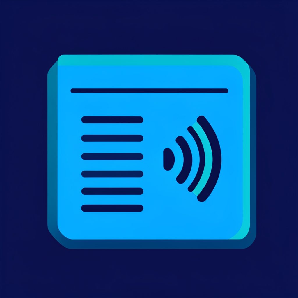 Flat vector tile with deep navy and teal accents, showing a newspaper icon and broadcast waves, representing multimedia news