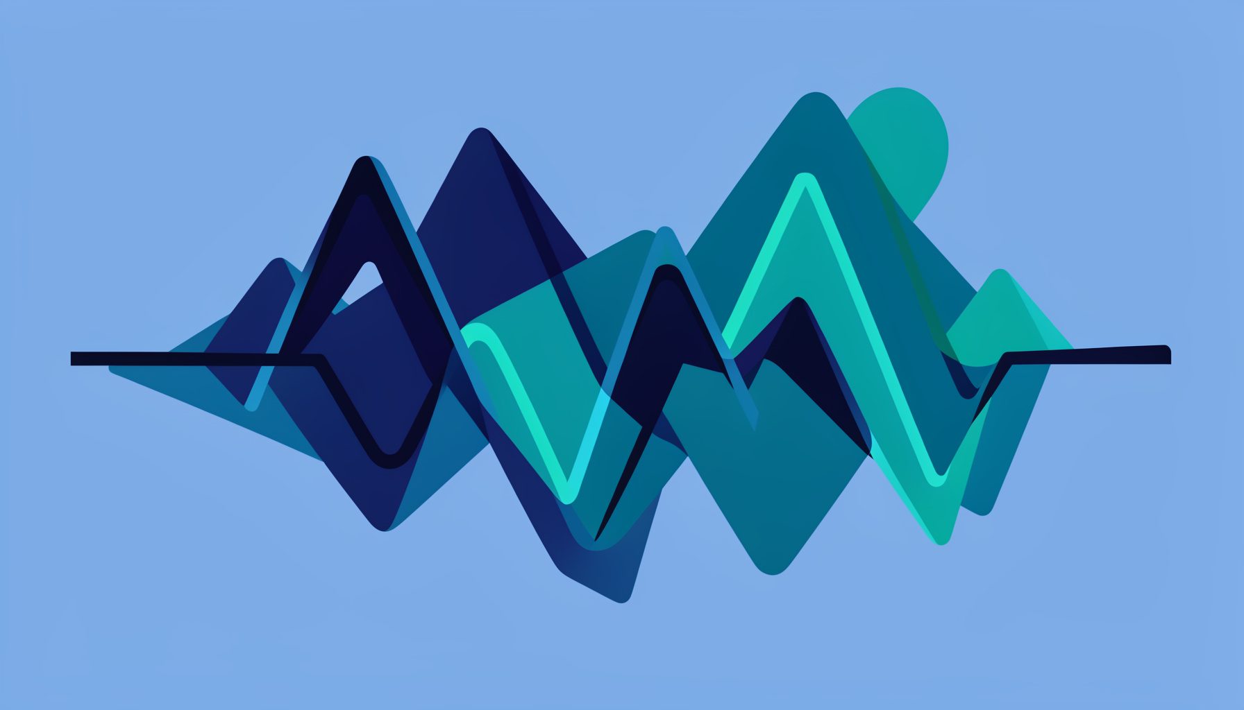 Abstract vector illustration of overlapping waveform lines and geometric shapes in deep navy and teal tones, conveying creative technology and digital media