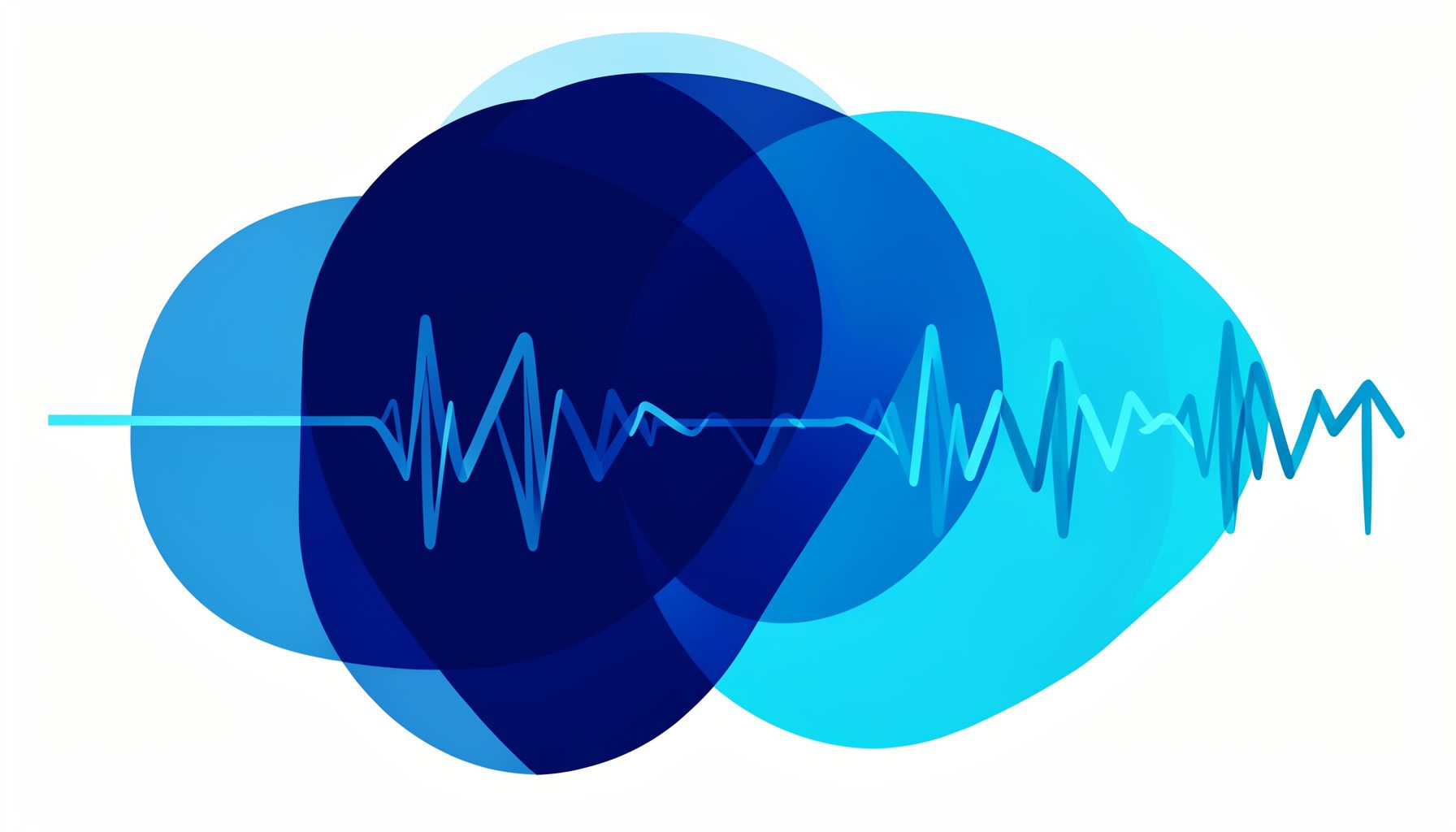 Flat vector illustration of overlapping translucent circles and waveform patterns in deep navy blue and cyan tones, evoking a connected creative community