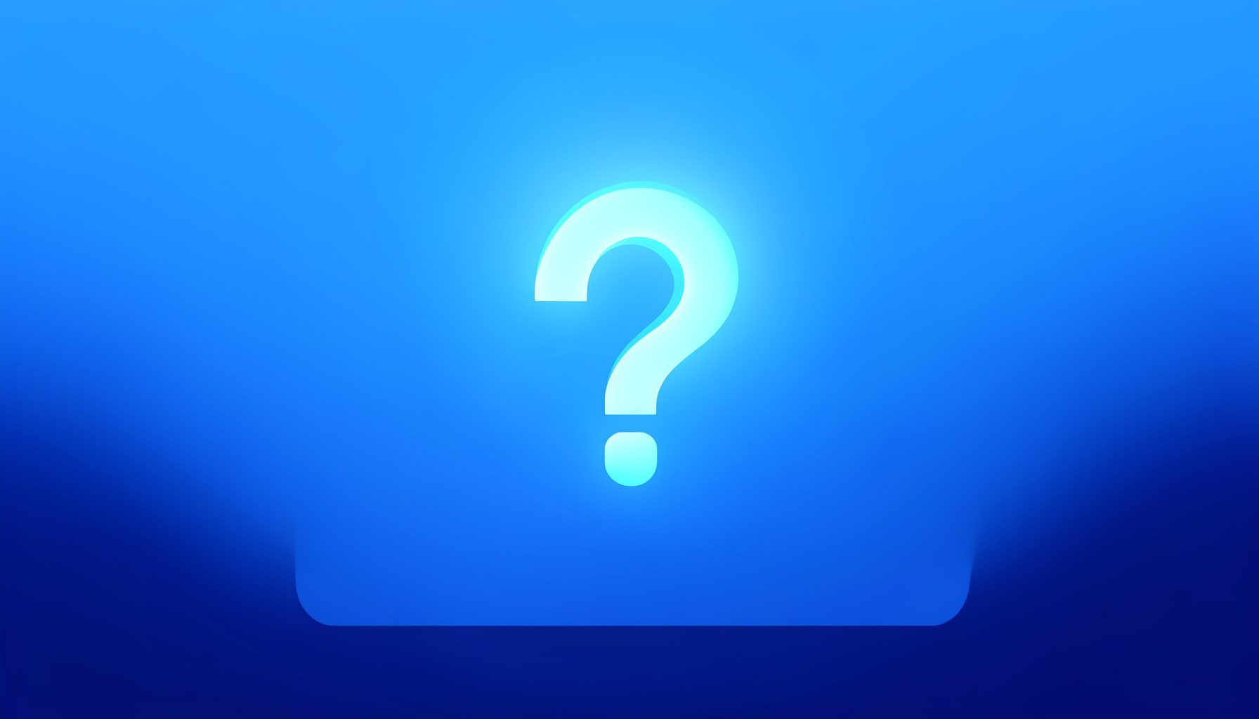 Flat vector illustration of a help desk scene with a glowing question mark icon over a soft blue and navy gradient background, conveying support and guidance.